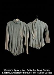 Womens-Apparel-Lot-Polka-Dot-Tops-Sequin-Leotard-Embellished-Blouse-and-Paisley-Jacket