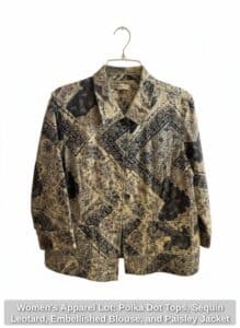 Womens-Apparel-Lot-Polka-Dot-Tops-Sequin-Leotard-Embellished-Blouse-and-Paisley-Jacket-fourth-image
