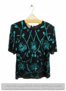 Womens-Apparel-Lot-Polka-Dot-Tops-Sequin-Leotard-Embellished-Blouse-and-Paisley-Jacket-third-image