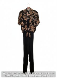 Womens-Two-Piece-Outfit-Black-Jumpsuit-with-Floral-Top-and-Black-Sheath-Dress-with-White-Satin-and-Organza-Jacket