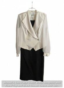 Womens-Two-Piece-Outfit-Black-Jumpsuit-with-Floral-Top-and-Black-Sheath-Dress-with-White-Satin-and-Organza-Jacket-second-image