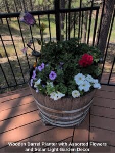 Wooden-Barrel-Planter-with-Assorted-Flowers-and-Solar-Light-Garden-Decor