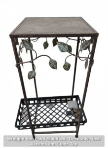 Wrought-Iron-Plant-Stand-with-Decorative-Leaf-Accents-and-Stone-Top