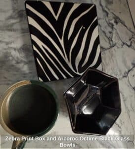 Zebra-Print-Box-and-Arcoroc-Octime-Black-Glass-Bowls