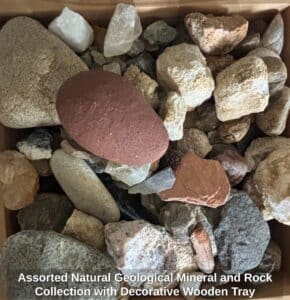 Assorted-Natural-Geological-Mineral-and-Rock-Collection-with-Decorative-Wooden-Tray
