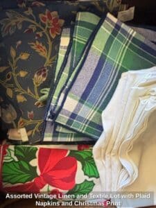 Assorted-Vintage-Linen-and-Textile-Lot-with-Plaid-Napkins-and-Christmas-Print