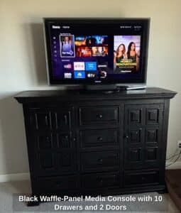 Black-Waffle-Panel-Media-Console-with-Drawers-and-Doors