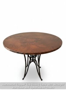 Hammered-Copper-Top-Dining-Table-with-Wrought-Iron-Base-and-Upholstered-Chairs-third-image