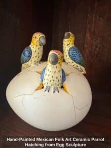 Hand-Painted-Mexican-Folk-Art-Ceramic-Parrot-Hatching-from-Egg-Sculpture