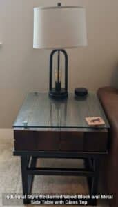 Industrial-Style-Reclaimed-Wood-Block-and-Metal-Side-Table-with-Glass-Top