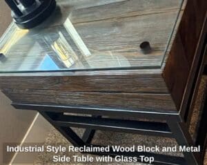 Industrial-Style-Reclaimed-Wood-Block-and-Metal-Side-Table-with-Glass-Top-second-image