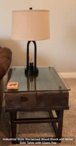 Industrial-Style-Reclaimed-Wood-Block-and-Metal-Side-Table-with-Glass-Top-third-image