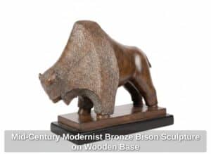 Mid-Century-Modernist-Bronze-Bison-Sculpture-on-Wooden-Base