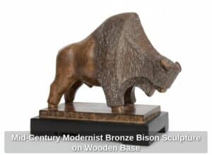 Mid-Century-Modernist-Bronze-Bison-Sculpture-on-Wooden-Base-third-image