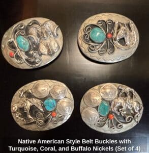 Native-American-Style-Belt-Buckles-with-Turquoise-Coral-and-Buffalo-Nickels-Set-of-