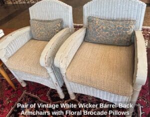 Pair-of-Vintage-White-Wicker-Barrel-Back-Armchairs-with-Floral-Brocade-Pillows