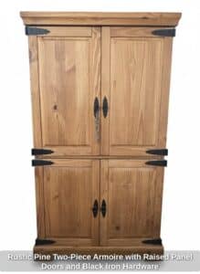 Rustic-Pine-Two-Piece-Armoire-with-Raised-Panel-Doors-and-Black-Iron-Hardware