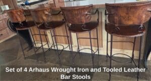 Set-of-Arhaus-Wrought-Iron-and-Tooled-Leather-Bar-Stools