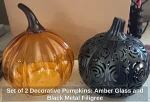 Set-of-Decorative-Pumpkins-Amber-Glass-and-Black-Metal-Filigree