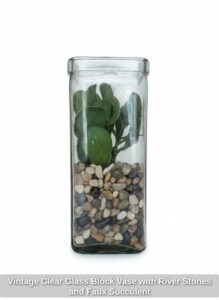 Vintage-Clear-Glass-Block-Vase-with-River-Stones-and-Faux-Succulent