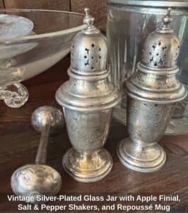 Vintage-Silver-Plated-Glass-Jar-with-Apple-Finial-Salt-Pepper-Shakers-and-Repouss-Mug-second-image