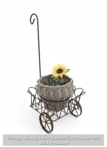 Vintage-Wrought-Iron-Garden-Cart-Planter-with-Wicker-Basket