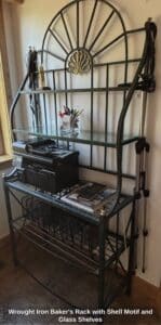 Wrought-Iron-Bakers-Rack-with-Shell-Motif-and-Glass-Shelves