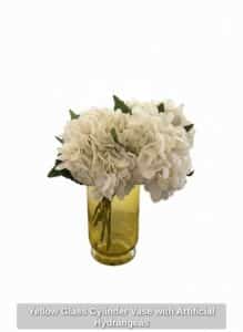 Yellow-Glass-Cylinder-Vase-with-Artificial-Hydrangeas