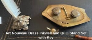 Art-Nouveau-Brass-Inkwell-and-Quill-Stand-Set-with-Key