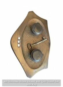 Art-Nouveau-Brass-Inkwell-and-Quill-Stand-Set-with-Key-second-image