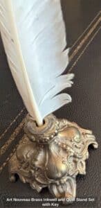 Art-Nouveau-Brass-Inkwell-and-Quill-Stand-Set-with-Key-third-image