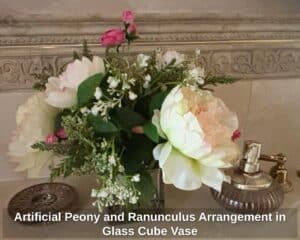 Artificial-Peony-and-Ranunculus-Arrangement-in-Glass-Cube-Vase