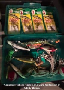 Assorted-Fishing-Tackle-and-Lure-Collection-in-Utility-Boxes