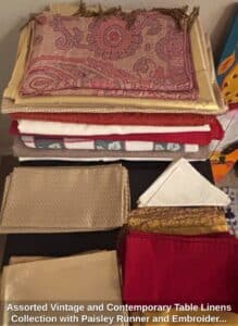 Assorted-Vintage-and-Contemporary-Table-Linens-Collection-with-Paisley-Runner-and-Embroidered-Napkins