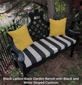 Black-Lattice-Back-Garden-Bench-with-Black-and-White-Striped-Cushion