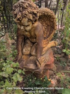 Cast-Stone-Kneeling-Cherub-Garden-Statue-Reading-a-Book