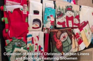 Collection-of-Assorted-Christmas-Kitchen-Linens-and-Stockings-Featuring-Snowmen