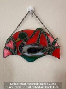 Collection-of-Assorted-Stained-Glass-Suncatchers-including-Mallard-Duck-Floral-Mushroom-Southwestern-Steer-Skull-and-Eagle-Turtle-Butterfly-Bird-and-Orca