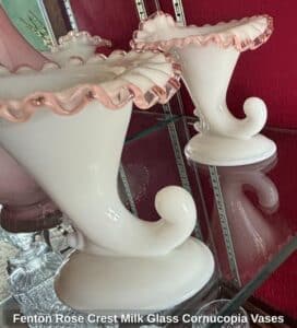 Fenton-Rose-Crest-Milk-Glass-Cornucopia-Vases
