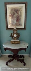 French-Gilt-Bronze-and-White-Marble-Figural-Mantle-Clock-Garniture-Set
