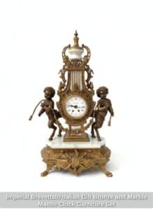 Imperial-Brevettato-Italian-Gilt-Bronze-and-Marble-Mantle-Clock-Garniture-Set