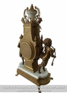 Imperial-Brevettato-Italian-Gilt-Bronze-and-Marble-Mantle-Clock-Garniture-Set-third-image