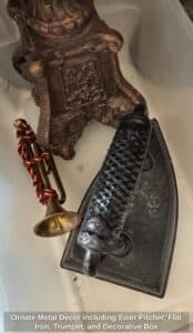 Ornate-Metal-Decor-including-Ewer-Pitcher-Flat-Iron-Trumpet-and-Decorative-Box