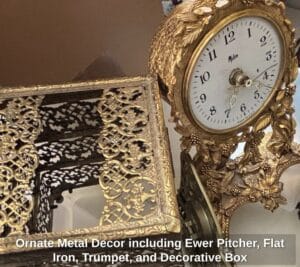 Ornate-Metal-Decor-including-Ewer-Pitcher-Flat-Iron-Trumpet-and-Decorative-Box-second-image