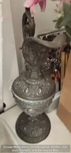 Ornate-Metal-Decor-including-Ewer-Pitcher-Flat-Iron-Trumpet-and-Decorative-Box-third-image