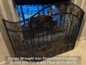 Ornate-Wrought-Iron-Three-Panel-Fireplace-Screen-with-Floral-and-Fleur-de-lis-Motifs