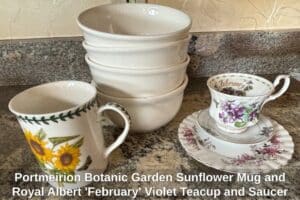 Portmeirion-Botanic-Garden-Sunflower-Mug-and-Royal-Albert-February-Violet-Teacup-and-Saucer