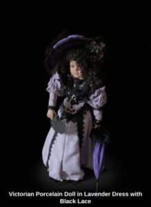 Victorian-Porcelain-Doll-in-Lavender-Dress-with-Black-Lace