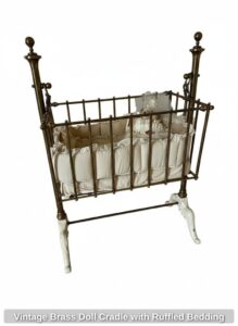 Vintage-Brass-Doll-Cradle-with-Ruffled-Bedding