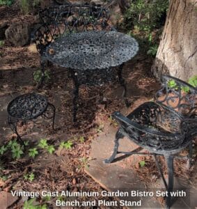 Vintage-Cast-Aluminum-Garden-Bistro-Set-with-Bench-and-Plant-Stand